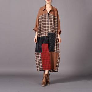 British Style Vintage Gingham Shirt Dress Plus Size Plaids Cardigan