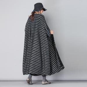 British Style Plus Size Winter Coat Vintage Black Striped Overcoat