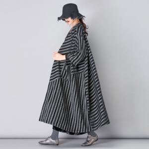 British Style Plus Size Winter Coat Vintage Black Striped Overcoat