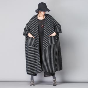 British Style Plus Size Winter Coat Vintage Black Striped Overcoat