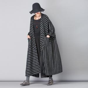 British Style Plus Size Winter Coat Vintage Black Striped Overcoat