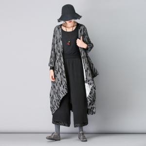 Asymmetrical Plus Size Duster Coat Striped Gray Cardigan