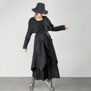 Fashion Cotton Linen Duster Coat Black Asymmetrical Streetwear