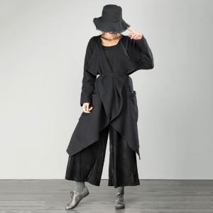 Fashion Cotton Linen Duster Coat Black Asymmetrical Streetwear