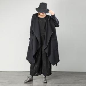 Fashion Cotton Linen Duster Coat Black Asymmetrical Streetwear