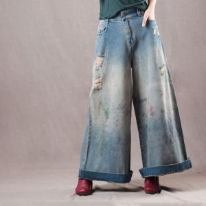 Retro Rose Printed Wide Leg Jeans Womans Ripped Jeans