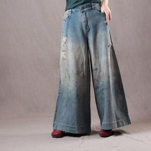 Retro Rose Printed Wide Leg Jeans Womans Ripped Jeans