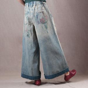 Retro Rose Printed Wide Leg Jeans Womans Ripped Jeans