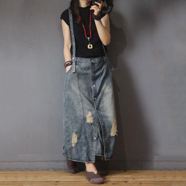 Korean Style Button Down Jumper Dress Denim Distressed Skirt