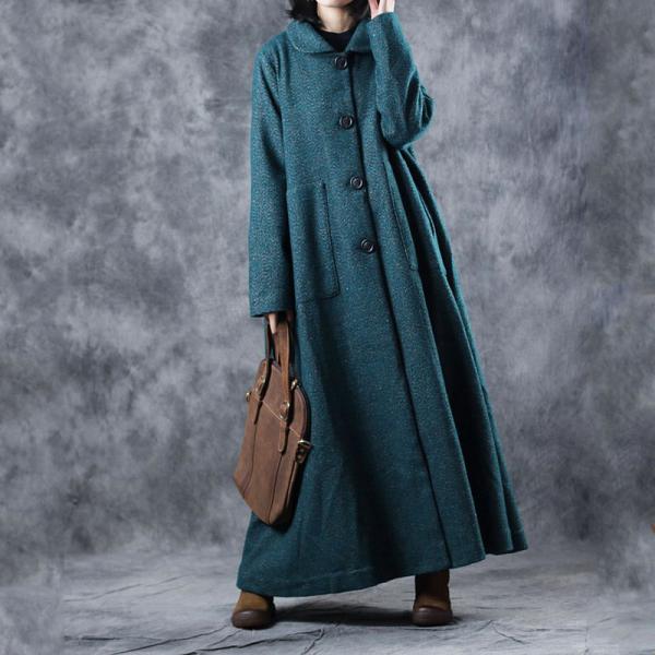 Front Pockets Wool French Style Coat Vintage Maxi Overcoat