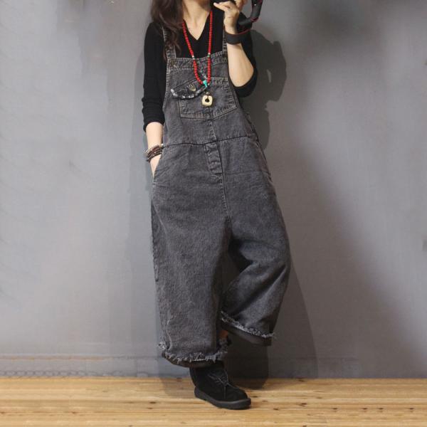 Flap Pockets Denim Frayed Jumpsuits Black Baggy Overalls for Woman