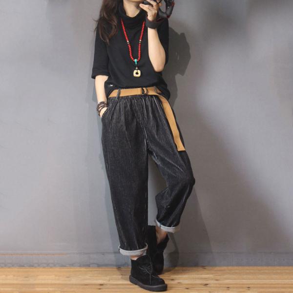 Glittering Corduroy Pants Womans Black Casual Trousers with Belts
