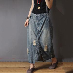 Korean Style Button Down Jumper Dress Denim Distressed Skirt