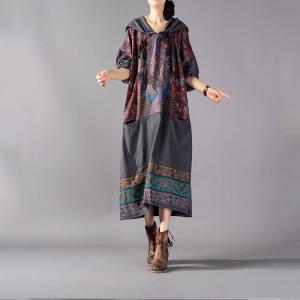 Folk Style Printed Hoodie Dress Plus Size Cotton Long Hoodie