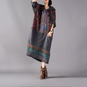 Folk Style Printed Hoodie Dress Plus Size Cotton Long Hoodie