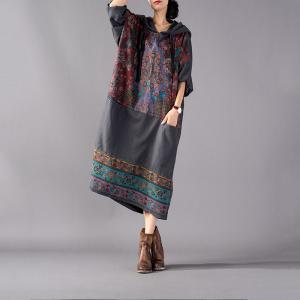 Folk Style Printed Hoodie Dress Plus Size Cotton Long Hoodie