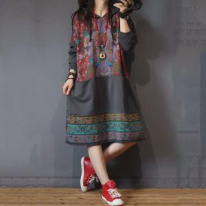 Folk Style Printed Hoodie Dress Plus Size Cotton Long Hoodie