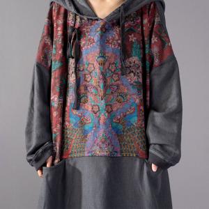 Folk Style Printed Hoodie Dress Plus Size Cotton Long Hoodie