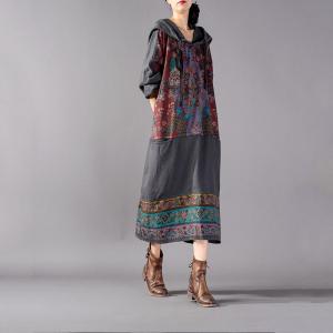 Folk Style Printed Hoodie Dress Plus Size Cotton Long Hoodie