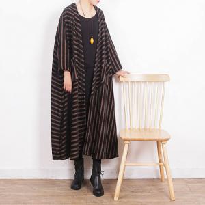 Retro Fashion Coffee Striped Overcoat Front Pockets Plus Size Coat