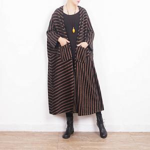 Retro Fashion Coffee Striped Overcoat Front Pockets Plus Size Coat