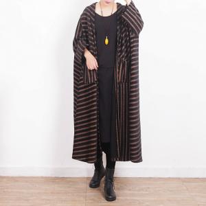 Retro Fashion Coffee Striped Overcoat Front Pockets Plus Size Coat