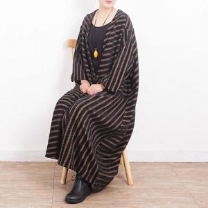 Retro Fashion Coffee Striped Overcoat Front Pockets Plus Size Coat