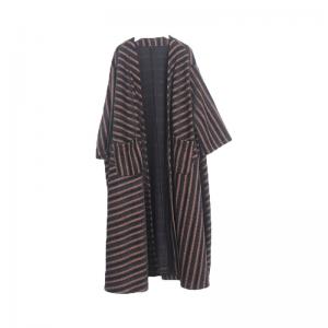 Retro Fashion Coffee Striped Overcoat Front Pockets Plus Size Coat