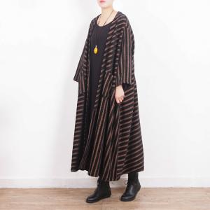 Retro Fashion Coffee Striped Overcoat Front Pockets Plus Size Coat