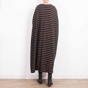 Retro Fashion Coffee Striped Overcoat Front Pockets Plus Size Coat