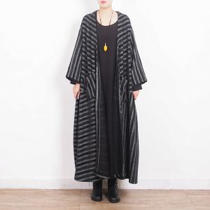 Retro Fashion Coffee Striped Overcoat Front Pockets Plus Size Coat