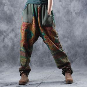 Vintage Printed Quilted Harem Pants Casual Cotton Green Trousers