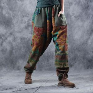 Vintage Printed Quilted Harem Pants Casual Cotton Green Trousers