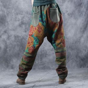 Vintage Printed Quilted Harem Pants Casual Cotton Green Trousers