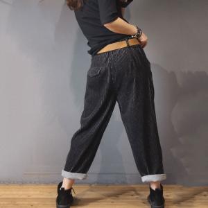 Glittering Corduroy Pants Womans Black Casual Trousers with Belts