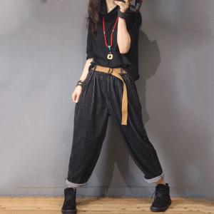 Glittering Corduroy Pants Womans Black Casual Trousers with Belts