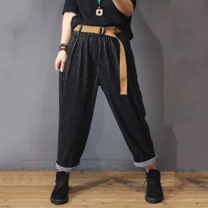 Glittering Corduroy Pants Womans Black Casual Trousers with Belts