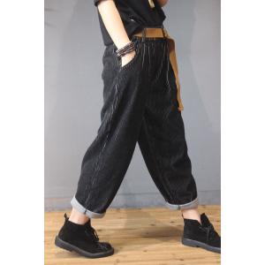 Glittering Corduroy Pants Womans Black Casual Trousers with Belts