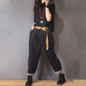 Glittering Corduroy Pants Womans Black Casual Trousers with Belts