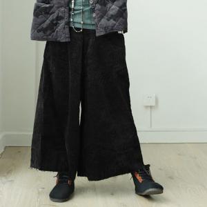 Frayed Hem Wide Leg Pants Corduroy Black Trousers for Senior Woman