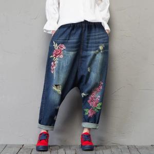 Street Fashion Rose Embroidery Harem Pants Loose Ripped Jeans