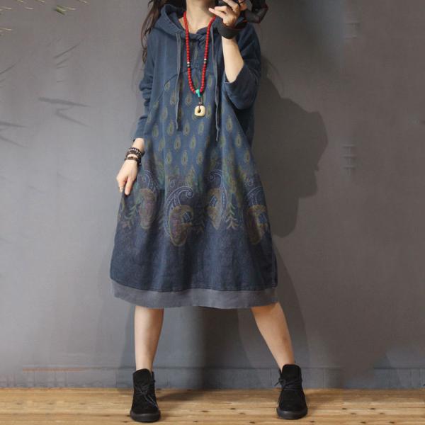 Over50 Style Cotton Folk Dress Large Size Printed Hooded Dress