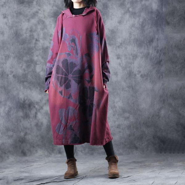 Big Flowers Printed Hoodie Dress Plus Size Cotton Casual Dress