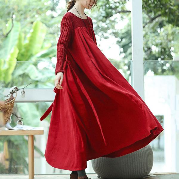 Loose-Fitting Pleated Linen Maxi Dress Custom Red Designer Dress