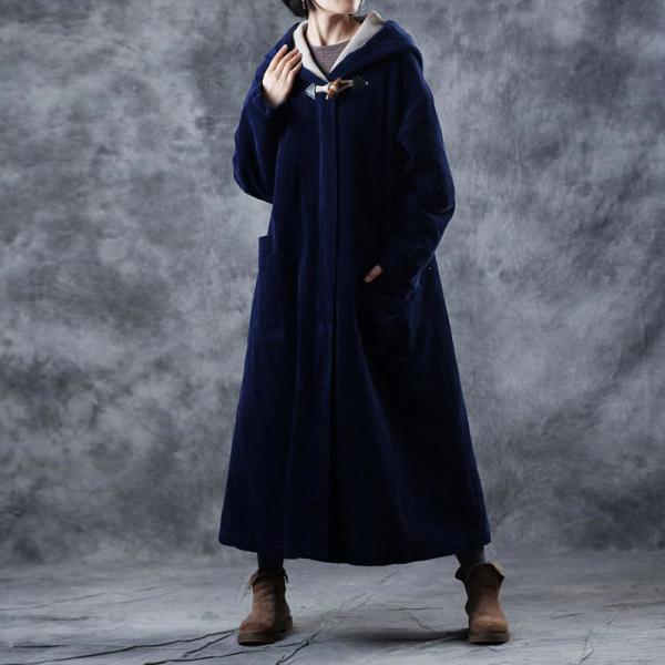 Korean Fashion Navy Duffle Coat Womans Corduroy Hoodie Overcoat