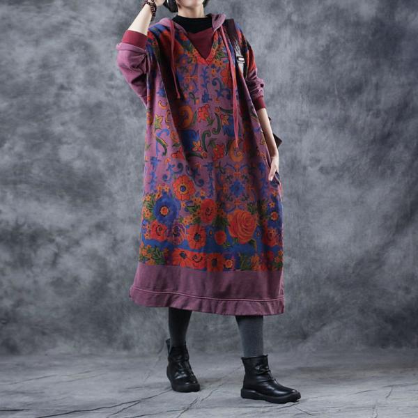 Plus Size Retro Hoodie Dress Cotton Floral Dress for Woman