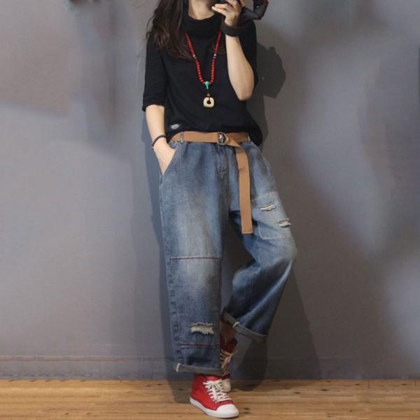 Street Style Baggy Ripped Jeans Color Fading Wide Leg BF Jeans