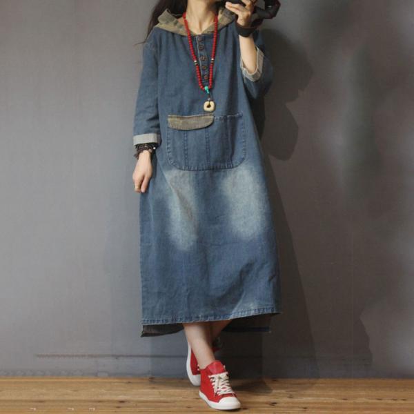 Blue Fading Hooded Denim Dress Fashion Large Size Jeans Dress