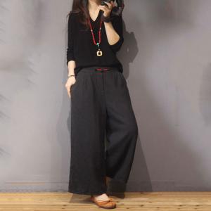 Chinese Buttons Quilted Wide Leg Pants Cotton Linen Winter Trousers