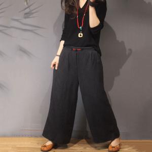 Chinese Buttons Quilted Wide Leg Pants Cotton Linen Winter Trousers